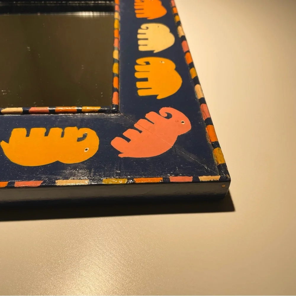 VTG Hand Painted Framed Rectangular Wall Mirror Elephant Motif Blue Orange